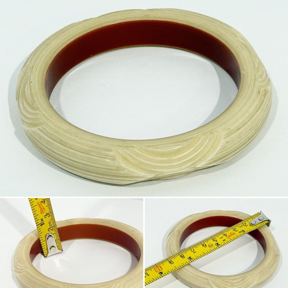 Vintage Carved Cream & Brown Bangle Bracelet Retro Bakelite Style Inner Dia - Picture 3 of 13
